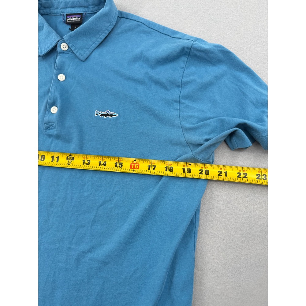 Patagonia Organic Cotton Short Sleeve Polo Mens Mโ Blue Trout Logo Gorpcore - Picture 8 of 9